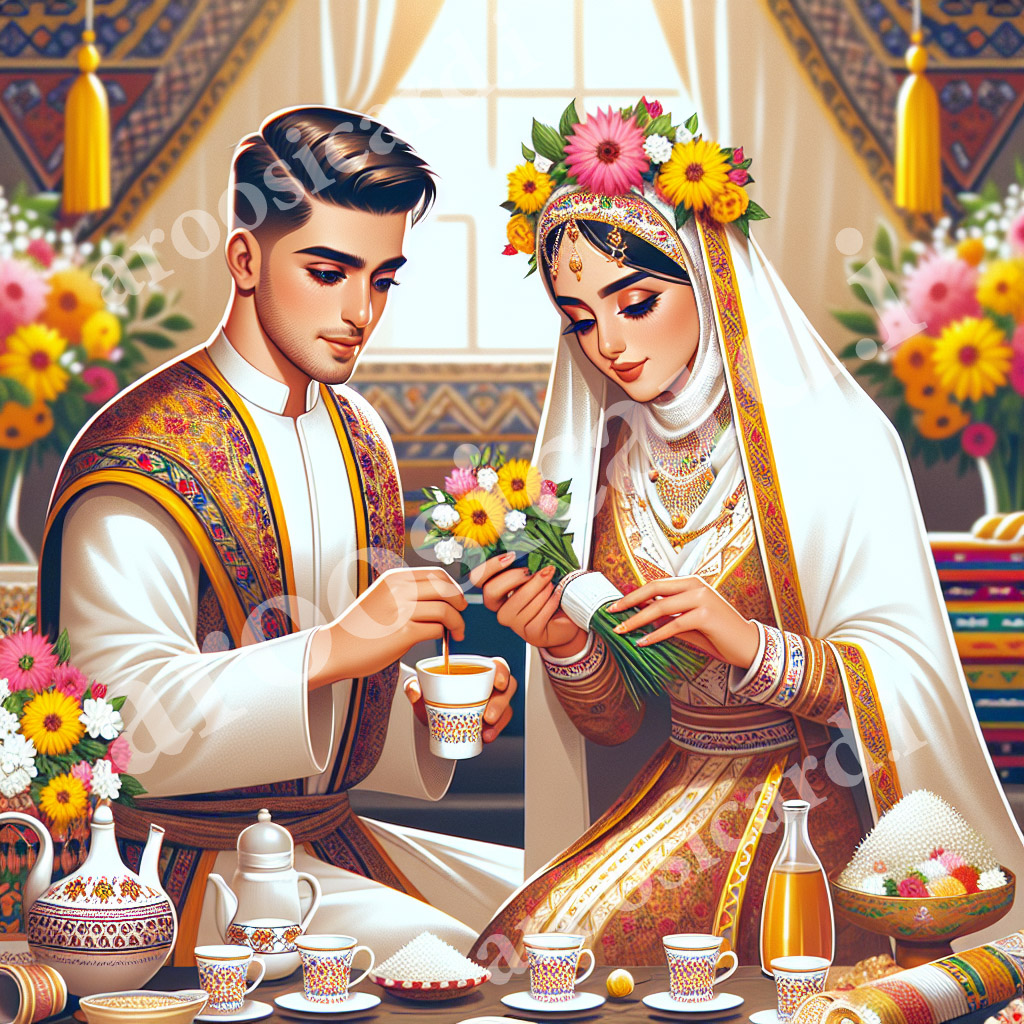زن و مردی با لباس های سنتی در حال نوشیدن چای هستند.