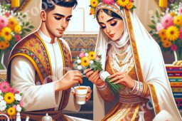 زن و مردی با لباس های سنتی در حال نوشیدن چای هستند.