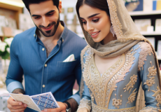عروس و داماد تهرانی در مغازه به کارت عروسی نگاه می کنند.