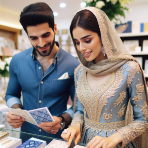 عروس و داماد تهرانی در مغازه به کارت عروسی نگاه می کنند.