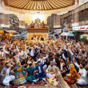 گروه بزرگی از مردم در حال عکس گرفتن در جشن عروسی بندر عباس.