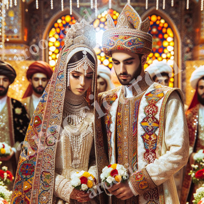 عروس و داماد با لباس سنتی ایرانی.