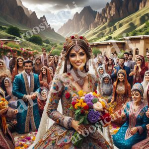 ژست گرفتن عروس و داماد در مقابل جمع زیادی از مردم.