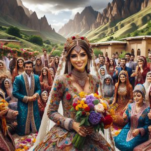 ژست گرفتن عروس و داماد در مقابل جمع زیادی از مهمانها در جشن عروسی.