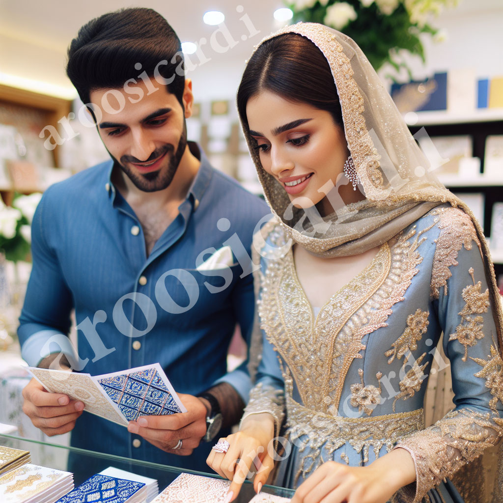 عروس و داماد تهرانی در مغازه به کارت عروسی نگاه می کنند.