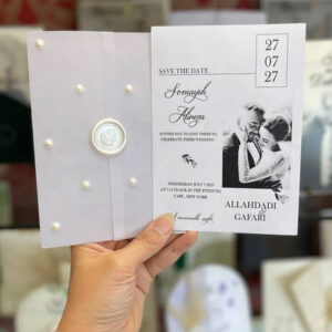 کارت عروسی کالکی عکس دار با مروارید و مهر سفید