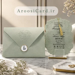 کارت عروسی مینیمال یشمی با چاپ برجسته روی پاکت، کارت برش‌دار گلدار و منگوله طلایی
