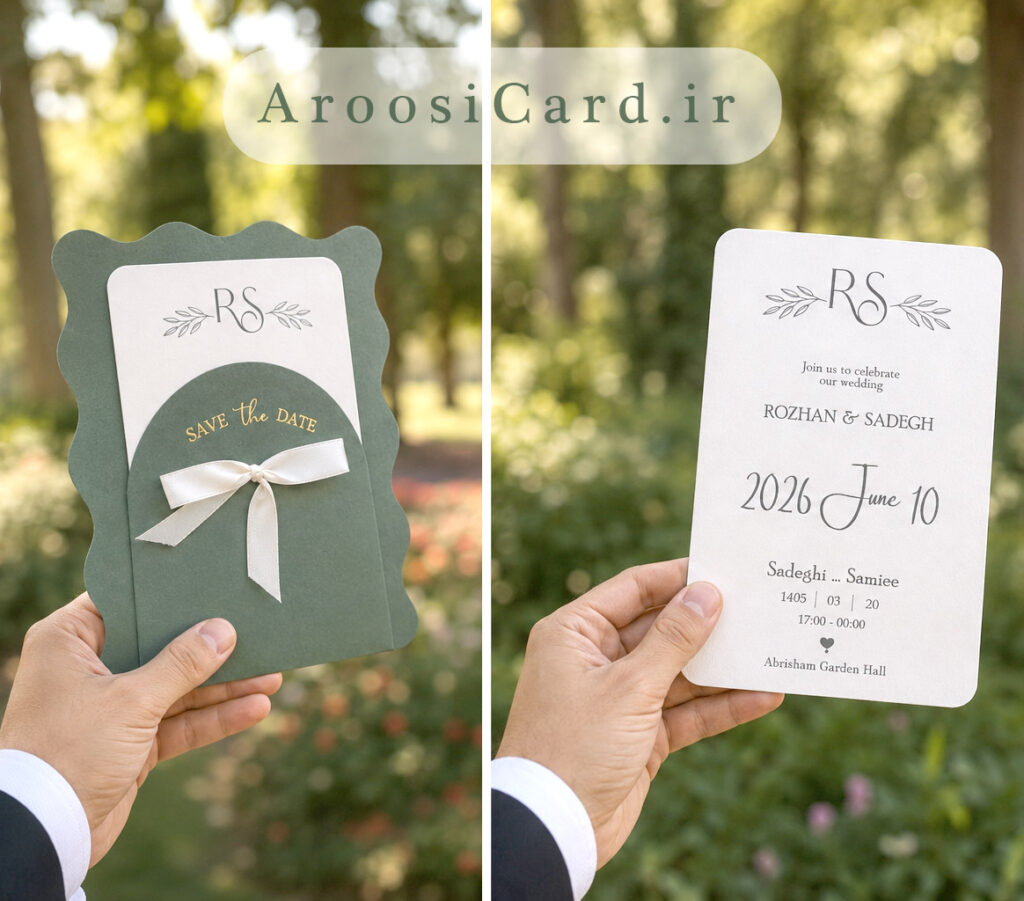 کارت عروسی جدید M357 | پاکت سبز یشمی و طلاکوب Save The Date