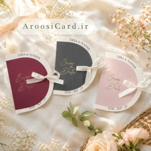 کارت عروسی نیم‌ دایره طلاکوب Save The Date با پاپیون ساتن