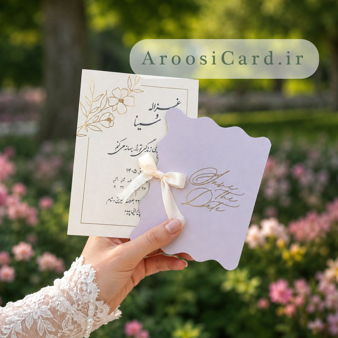 wedding-card-minimal-m365 کارت دعوت عروسی یاس رنگ یاسی با پاکت طلاکوب Save The Date در دست عروس در فضای باغ