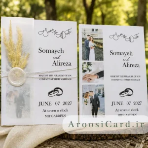 کارت عروسی کالک نیمه شفاف با عکس اختصاصی عروس و داماد، گل خشک طبیعی، مهر ژلاتینی سفید و ربان نخی سفید