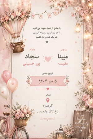 کارت عروسی دیجیتال بالن عاشقی با بالن گل‌آرایی شده، دوچرخه گلدار، ریسه‌های نوری و تم صورتی پاستلی مناسب استوری